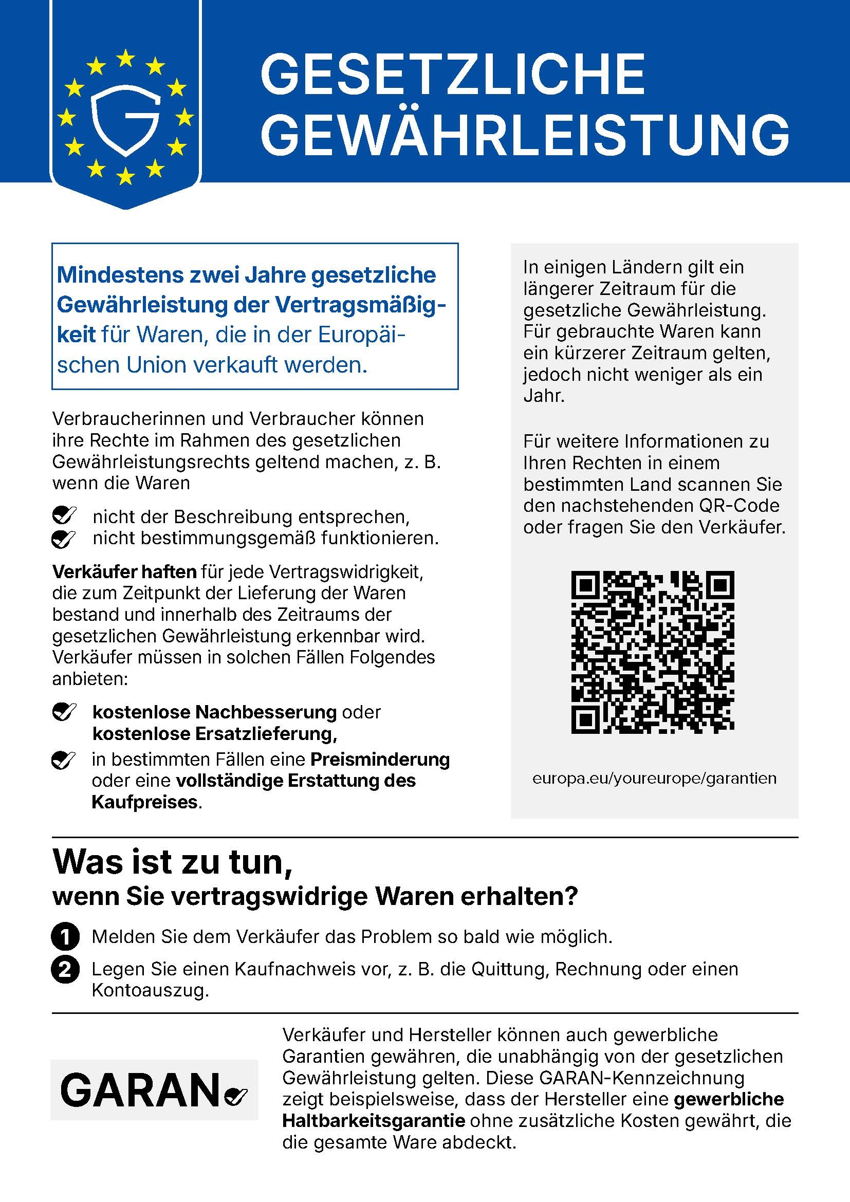 Offizielles EU-Gewährleistungslabel mit Informationen zu Ihren gesetzlichen Gewährleistungsrechten